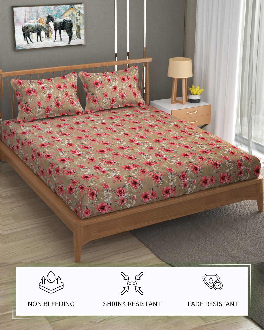 Furnofy Premium Printed Double Bedsheet (90x100 Inches) with 2 Pillow Covers (Flat, Floral) - Brown and Pink
