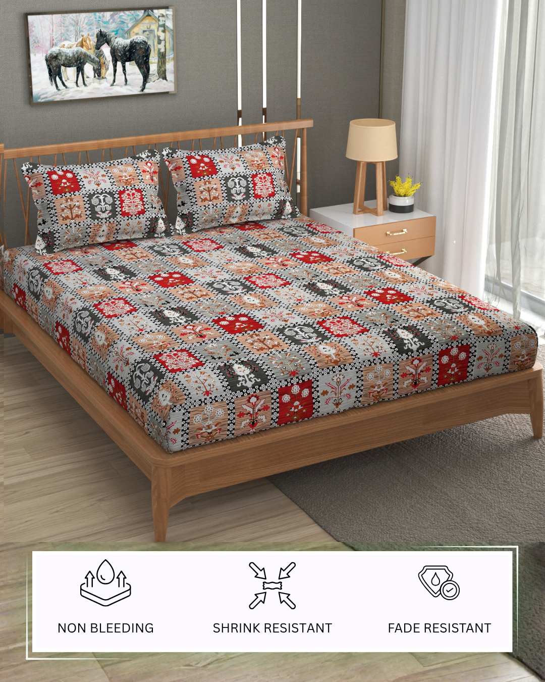 Furnofy Premium Christmas Theme Printed Double Bedsheet (90x100 Inches) with 2 Pillow Covers (Flat, Geometric) - Multicolor
