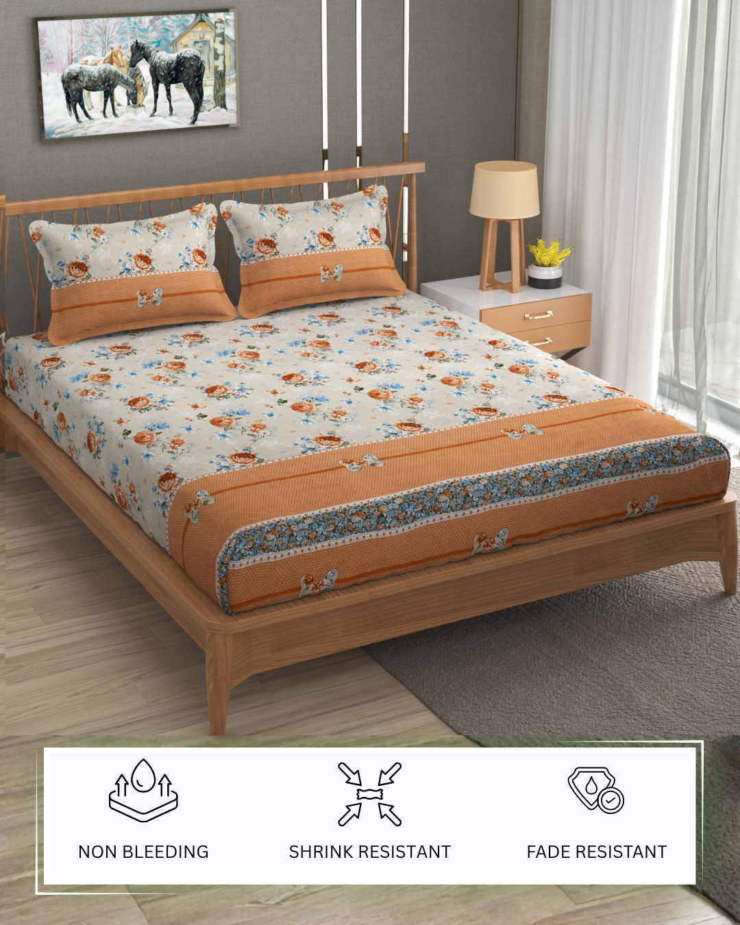 Furnofy Premium Printed Double Bedsheet (90x100 Inches) with 2 Pillow Covers (Flat, Floral) - Peach and Beige