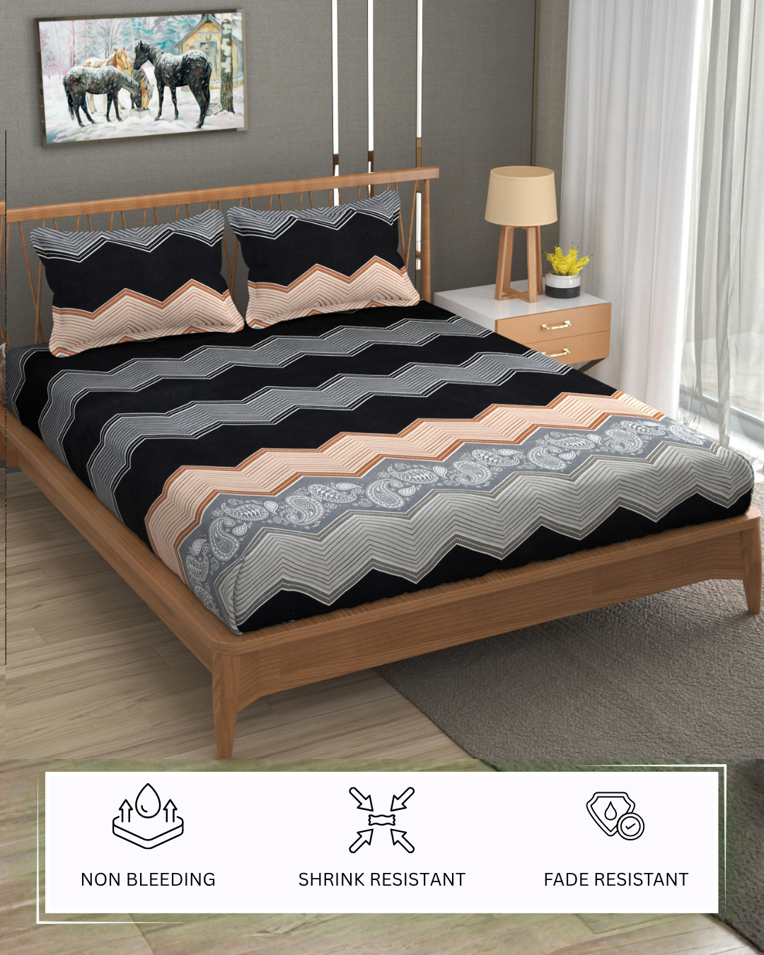 Furnofy Premium Printed Double Bedsheet (90x100 Inches) with 2 Pillow Covers (Flat, Wave) - Black, Grey and Peach