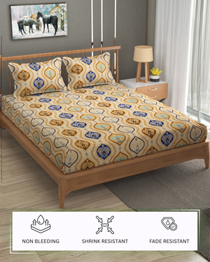 Furnofy Premium Printed Double Bedsheet (90x100 Inches) with 2 Pillow Covers - Flat, Sand & Blue
