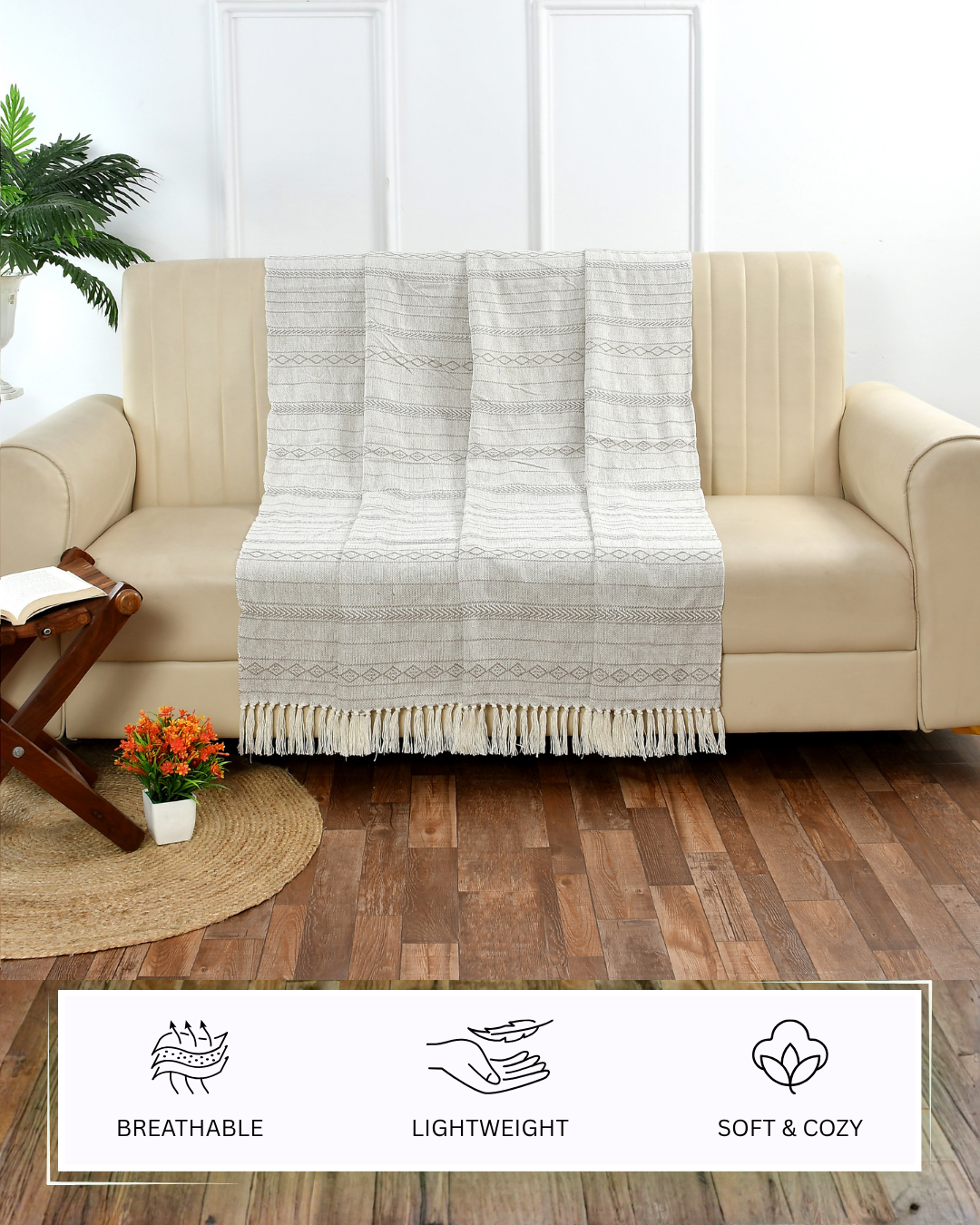 100% Cotton Sofa Throw | Handmade Throw - 50x60 Inches (Cream)