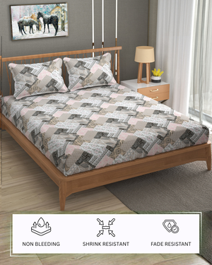 Furnofy Premium Printed Double Bedsheet (90x100 Inches) with 2 Pillow Covers (Flat, Geometric) - Pink & Grey