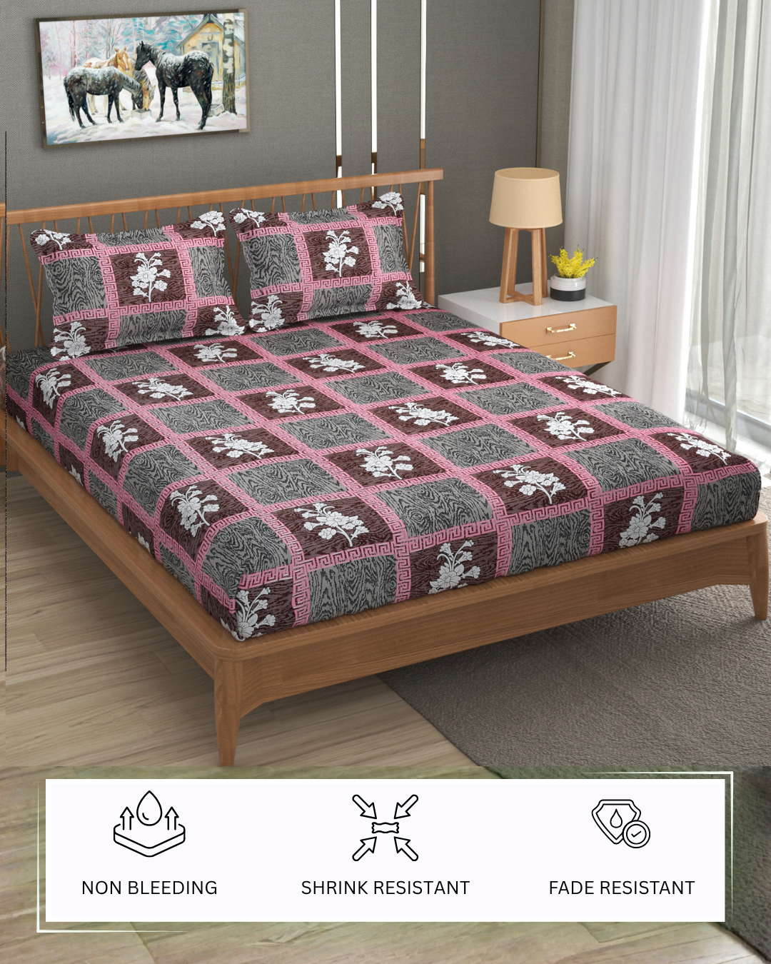 Furnofy Premium Printed Double Bedsheet (90x100 Inches) with 2 Pillow Covers (Flat, Floral) - Multicolor