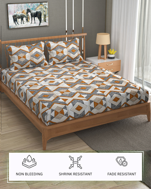 Furnofy Premium Printed Double Bedsheet (90x100 Inches) with 2 Pillow Covers (Flat, Geometric) - Grey & Mustard