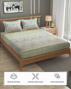 Furnofy Premium Printed Double Bedsheet (90x100 Inches) with 2 Pillow Covers - Flat, Olive Green & Blue - Pattern