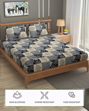 Furnofy Premium Printed Double Bedsheet (90x100 Inches) with 2 Pillow Covers (Flat, Blocks) - Grey & Beige
