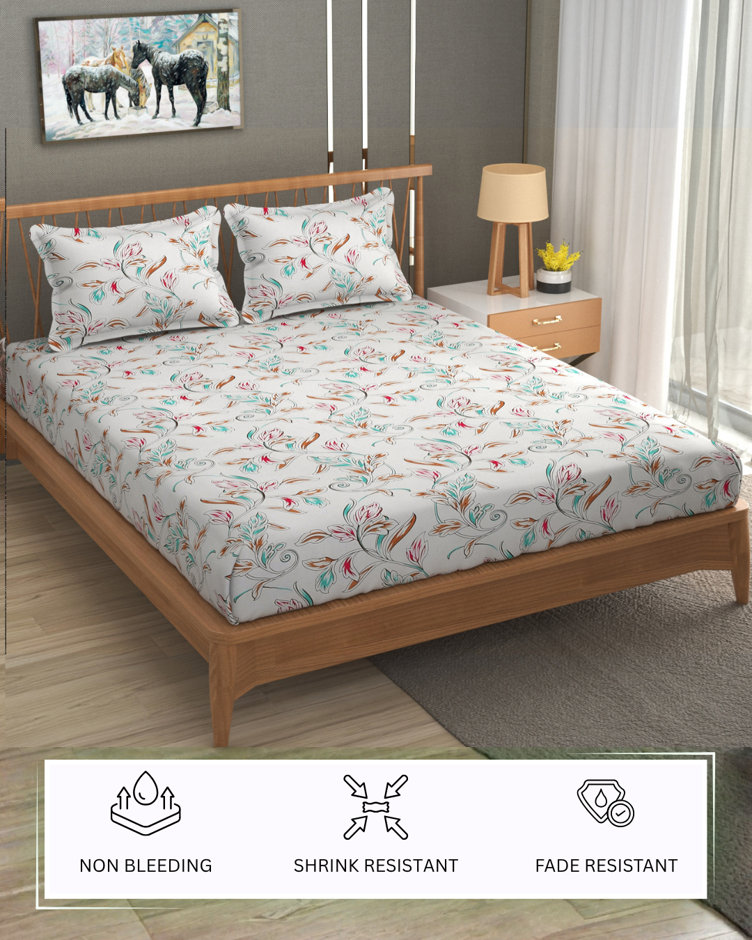 Furnofy Premium Printed Double Bedsheet (90x100 Inches) with 2 Pillow Covers (Flat, Floral) -  White