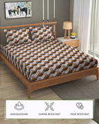 Furnofy Premium Printed Double Bedsheet (90x100 Inches) with 2 Pillow Covers (Flat, Wave) - Brown & Black