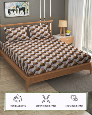 Furnofy Premium Printed Double Bedsheet (90x100 Inches) with 2 Pillow Covers (Flat, Wave) - Brown & Black