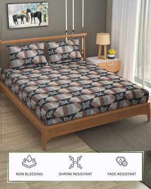 Furnofy Premium Printed Double Bedsheet (90x100 Inches) with 2 Pillow Covers (Flat, Floral) - Brown & Black