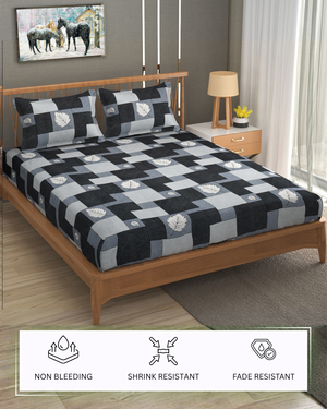 Furnofy Premium Printed Double Bedsheet (90x100 Inches) with 2 Pillow Covers (Flat, Geometric) - Grey & Black