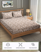 Furnofy Premium Printed Double Bedsheet (90x100 Inches) with 2 Pillow Covers (Flat, Floral) - Peach & Brown