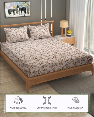 Furnofy Premium Printed Double Bedsheet (90x100 Inches) with 2 Pillow Covers (Flat, Floral) - Peach & Brown
