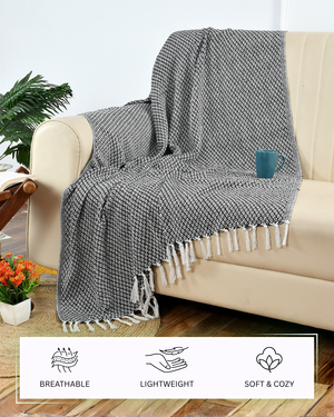 Furnofy Cotton Hand Knitted Throw Diamond Design Blanket (50 x 60 Inches), Black & White