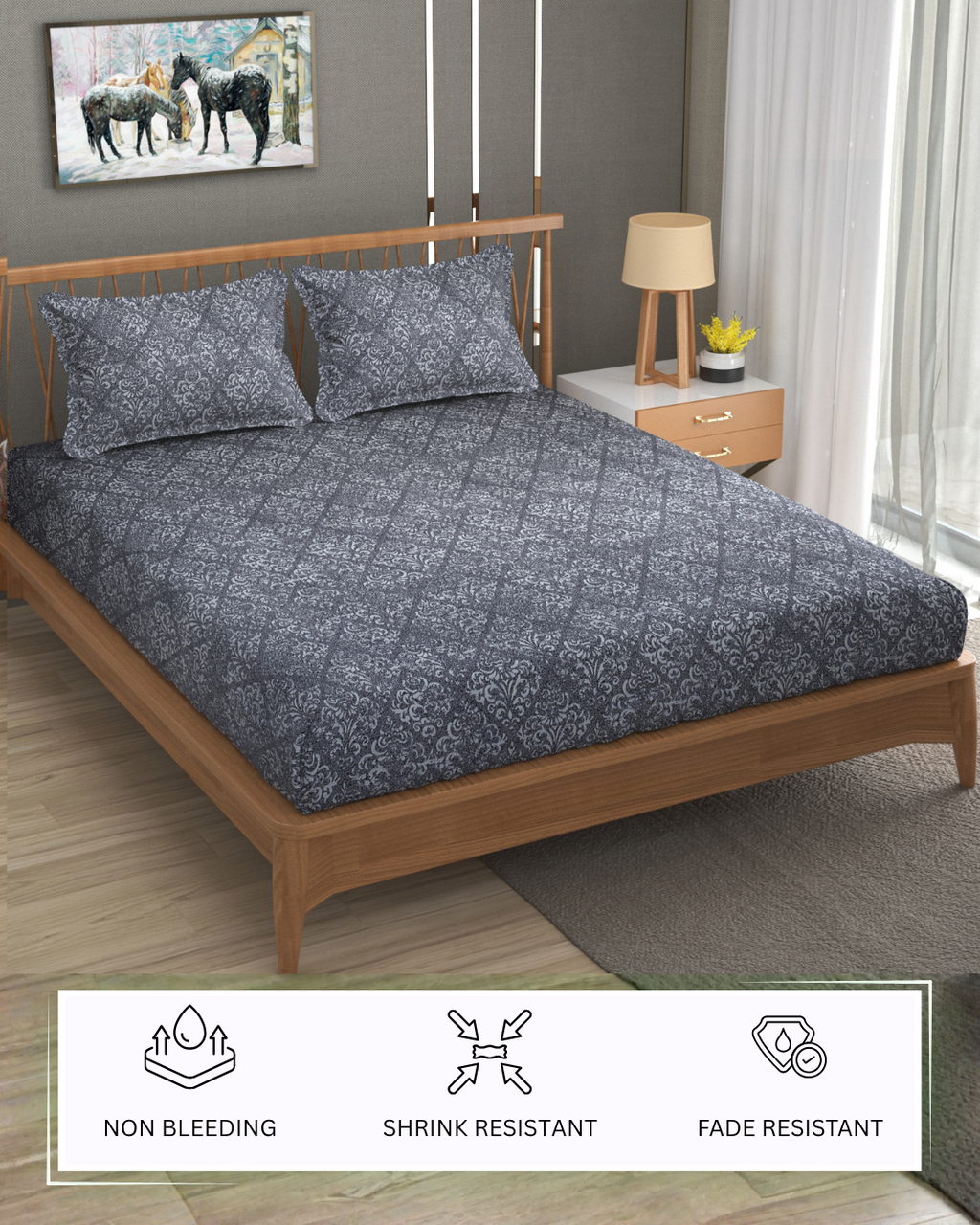 Furnofy Premium Printed Double Bedsheet (90x100 Inches) with 2 Pillow Covers - Flat, Black Floral