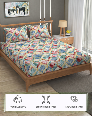 Furnofy Premium Printed Double Bedsheet (90x100 Inches) with 2 Pillow Covers (Gift Set)- Flat, Multicolor - Stone Print