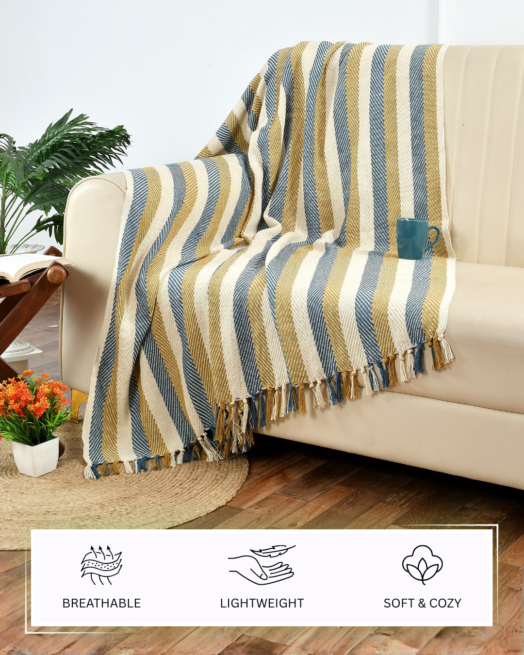 Furnofy Cotton Hand Knitted Throw Blanket (127 x 152) Cms -Multicolor