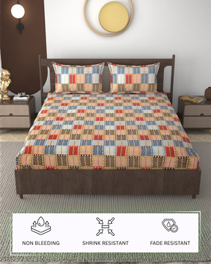 Furnofy 140 GSM Flat Double Bedsheet (90x100 inches) with 2 Pillow Covers (18x 27 inches) - Geometric Multicolors
