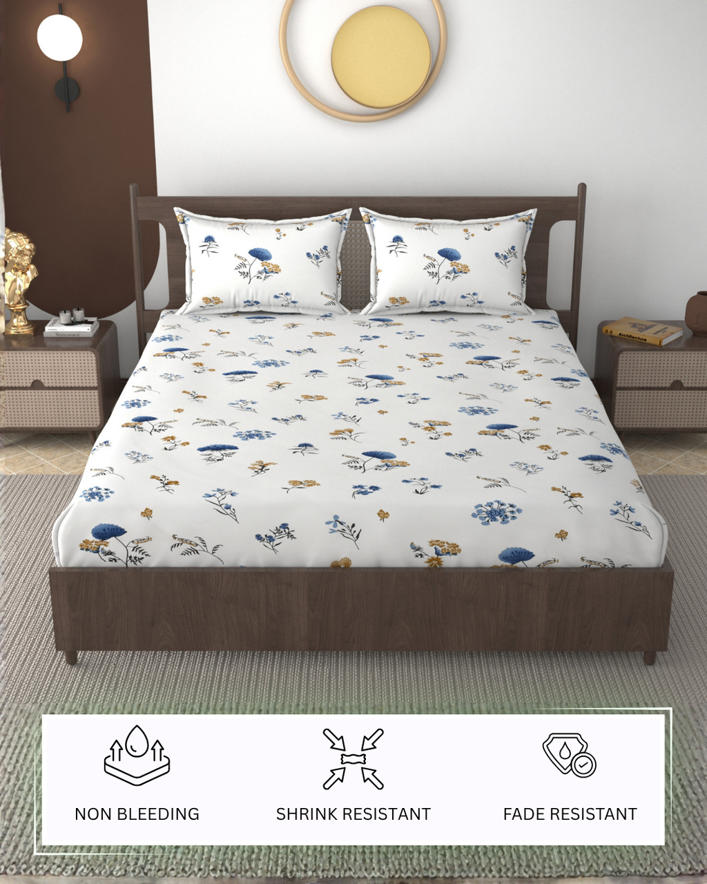 Furnofy 140 GSM Flat Double Bedsheet (90x100 inches) with 2 Pillow Covers (18x 27 inches) -Floral Multicolors