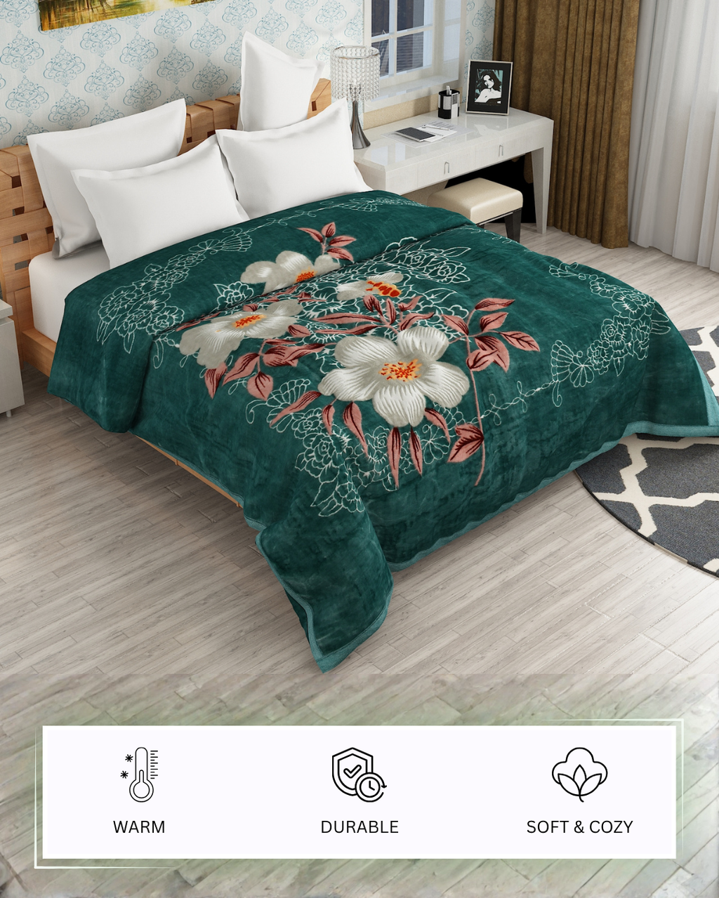 Furnofy Premium Blanket King Size Size (210x230 Cms) Light Weight - Cloudy Mink, Pack of 1, Green Floral