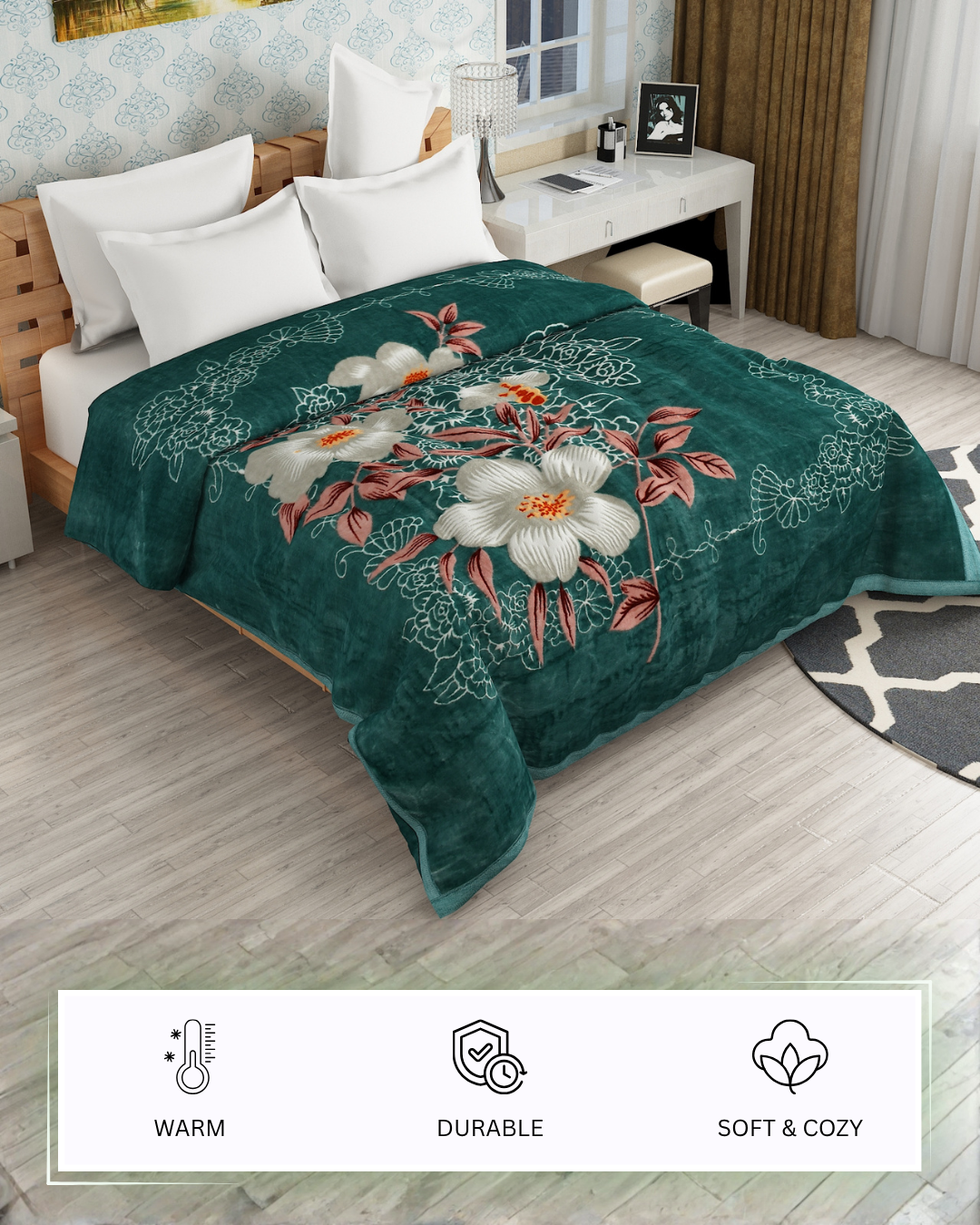 Furnofy Premium Blanket King Size Size (210x230 Cms) Light Weight - Cloudy Mink, Pack of 1, Green Floral