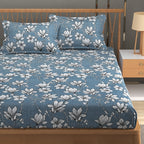 Furnofy 140 GSM Flat King Size Bedsheet (108 x 108 inches) with 2 Pillow Covers (18 x 27 inches) - Floral, Blue