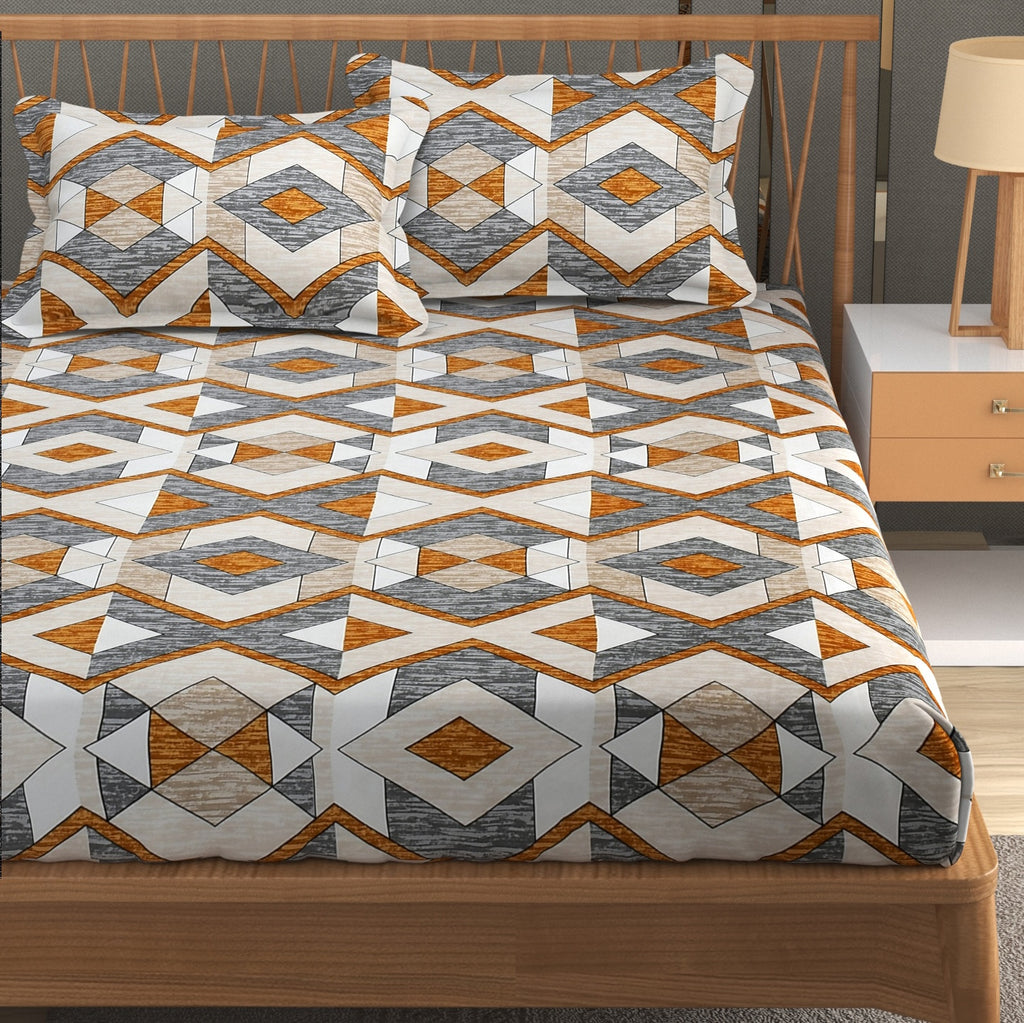 Furnofy Premium Printed Double Bedsheet (90x100 Inches) with 2 Pillow Covers (Flat, Geometric) - Grey & Mustard