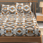 Furnofy Premium Printed Double Bedsheet (90x100 Inches) with 2 Pillow Covers (Flat, Geometric) - Grey & Mustard