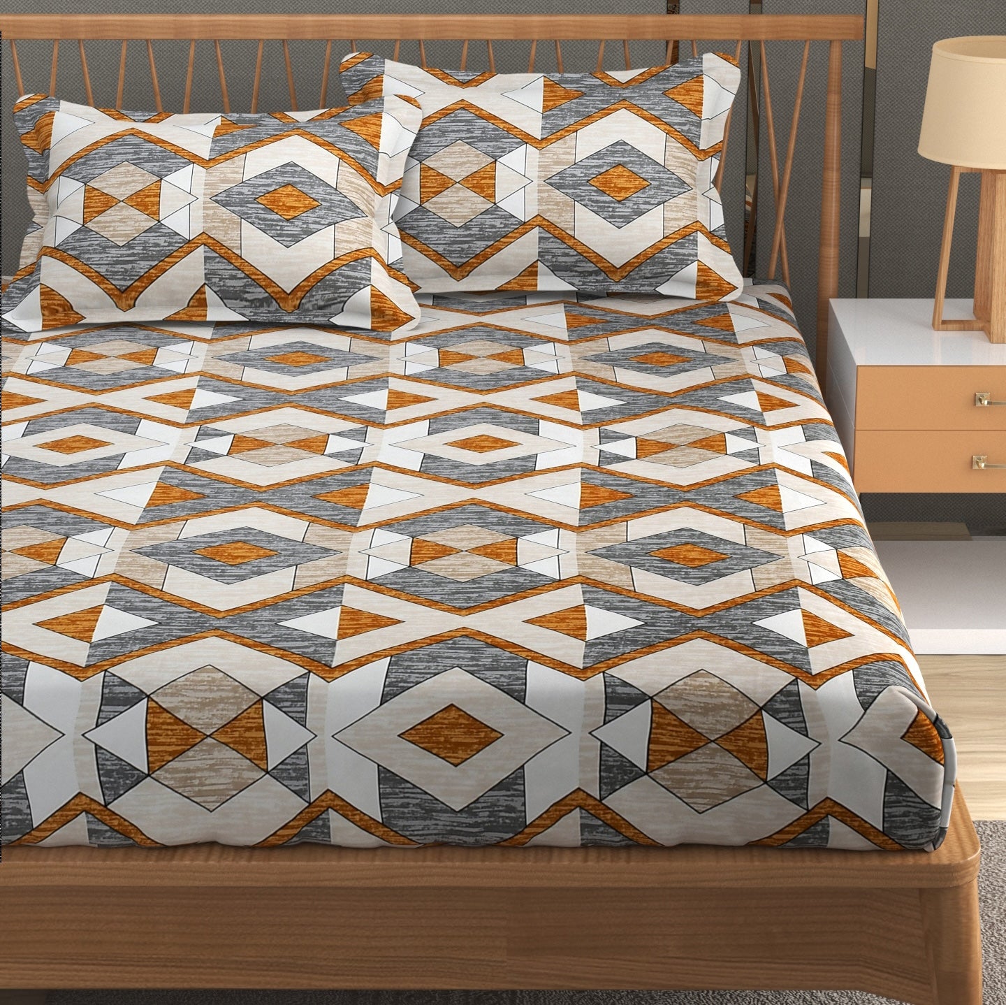 Furnofy Premium Printed Double Bedsheet (90x100 Inches) with 2 Pillow Covers (Flat, Geometric) - Grey & Mustard