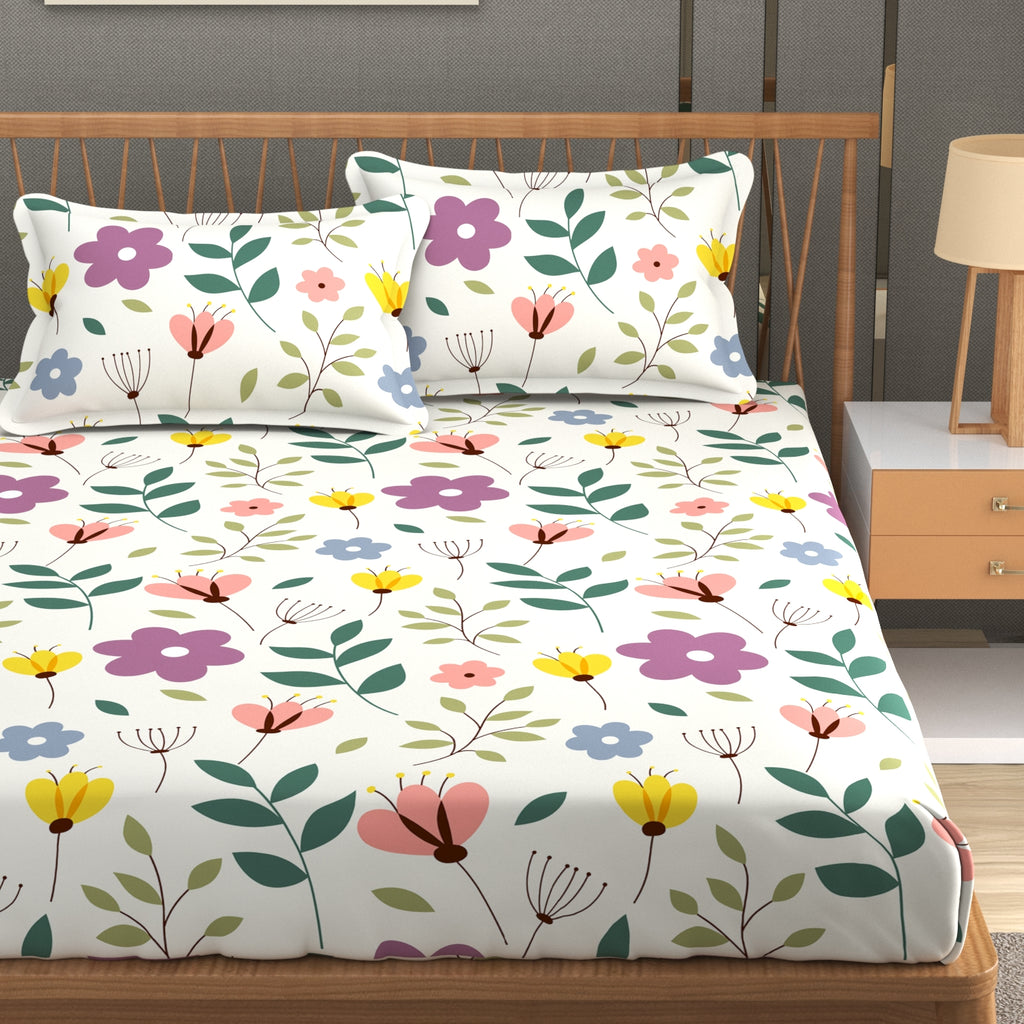 Furnofy 140 GSM Flat King Size Bedsheet (108 x 108 inches) with 2 Pillow Covers (18 x 27 inches) - White - Floral