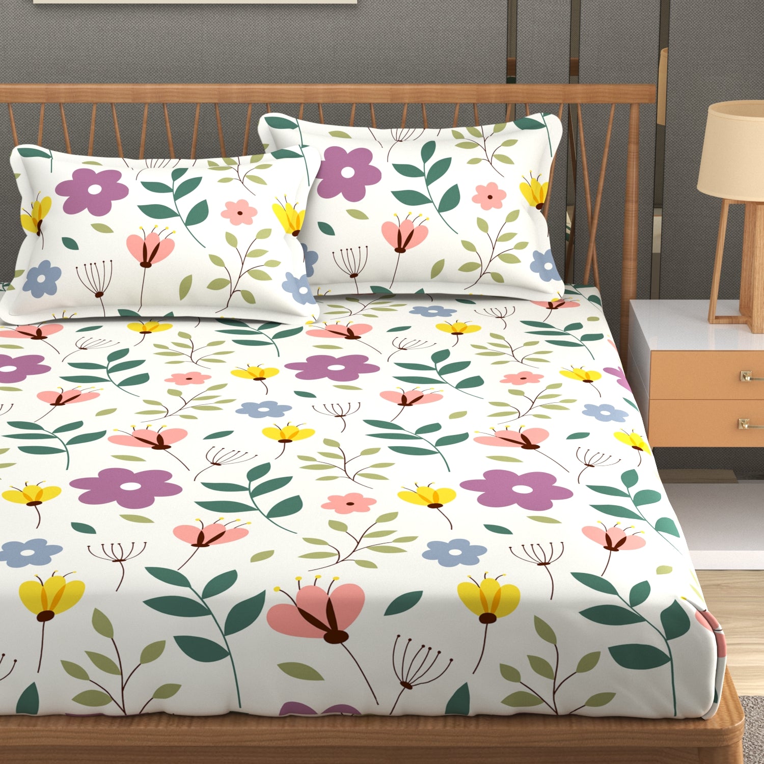 Furnofy 140 GSM Flat King Size Bedsheet (108 x 108 inches) with 2 Pillow Covers (18 x 27 inches) - White - Floral