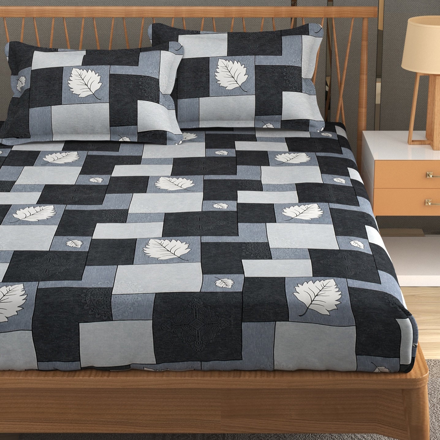 Furnofy Premium Printed Double Bedsheet (90x100 Inches) with 2 Pillow Covers (Flat, Geometric) - Grey & Black
