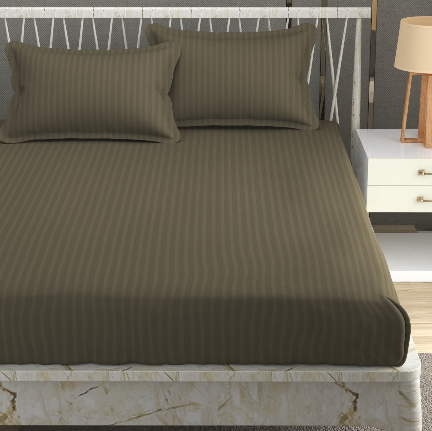 Furnofy Premium King Bedsheet with 2 Pillow Covers (108x108 Inches) - Satin Stripe, Olive Green