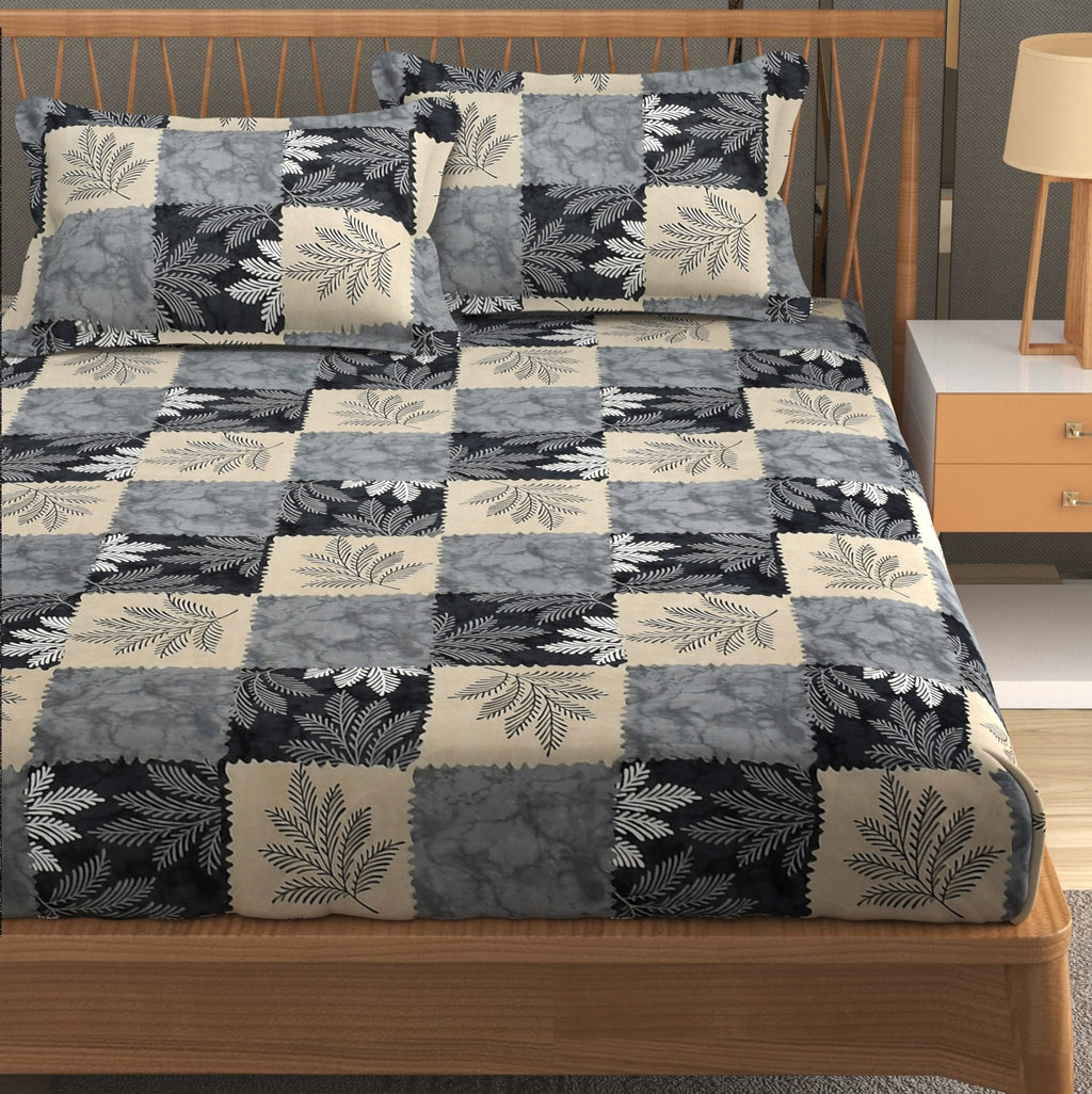 Furnofy Premium Printed Double Bedsheet (90x100 Inches) with 2 Pillow Covers (Flat, Blocks) - Grey & Beige