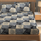Furnofy Premium Printed Double Bedsheet (90x100 Inches) with 2 Pillow Covers (Flat, Blocks) - Grey & Beige