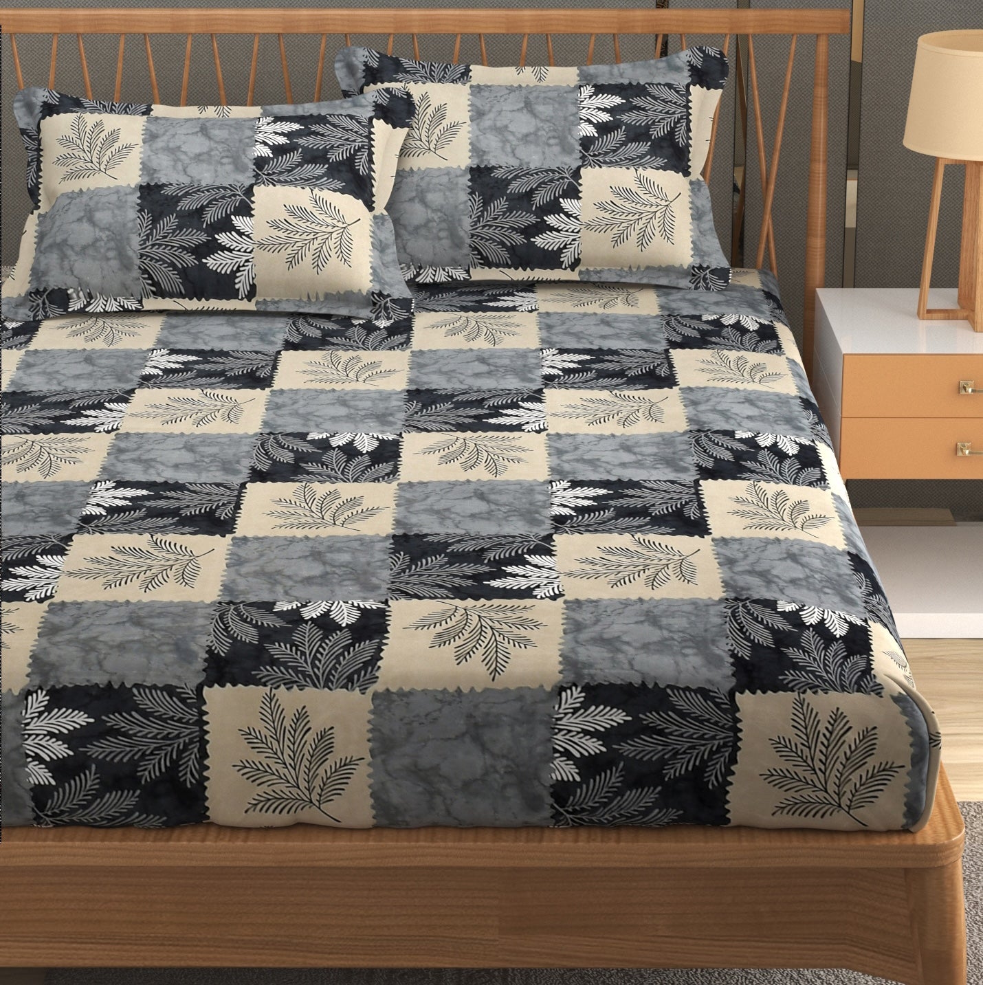 Furnofy Premium Printed Double Bedsheet (90x100 Inches) with 2 Pillow Covers (Flat, Blocks) - Grey & Beige