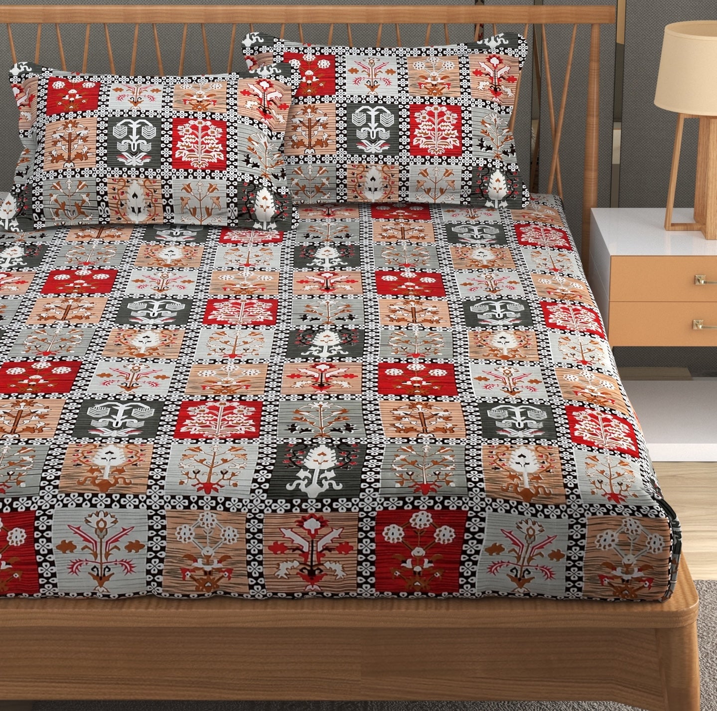 Furnofy Premium Christmas Theme Printed Double Bedsheet (90x100 Inches) with 2 Pillow Covers (Flat, Geometric) - Multicolor