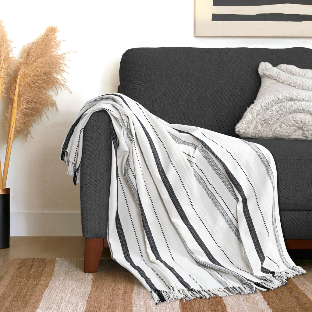 Furnofy Cotton Sofa Throws for Home Decor (127 x 152) Cms - White Stripe