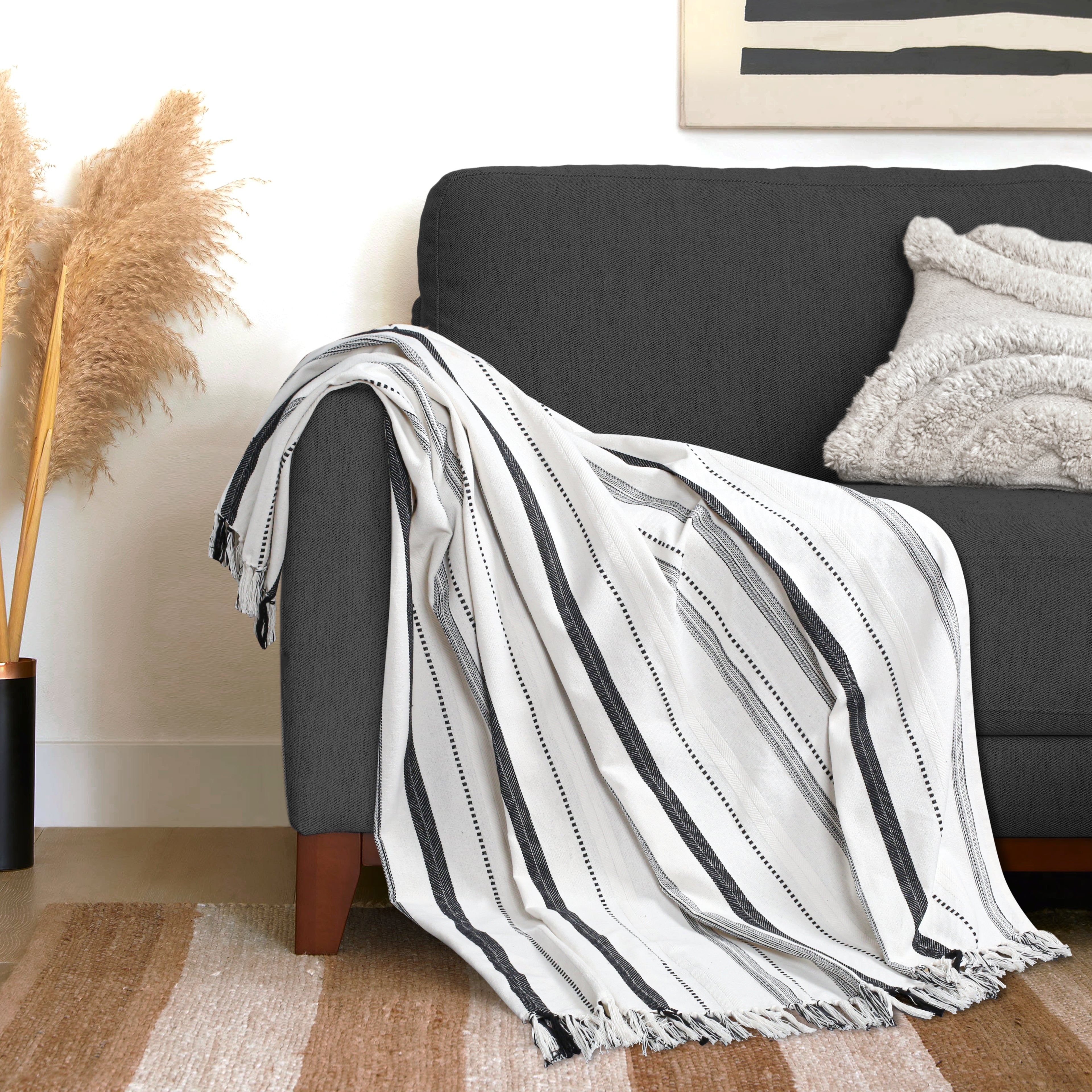 Furnofy Cotton Sofa Throws for Home Decor (127 x 152) Cms - White Stripe