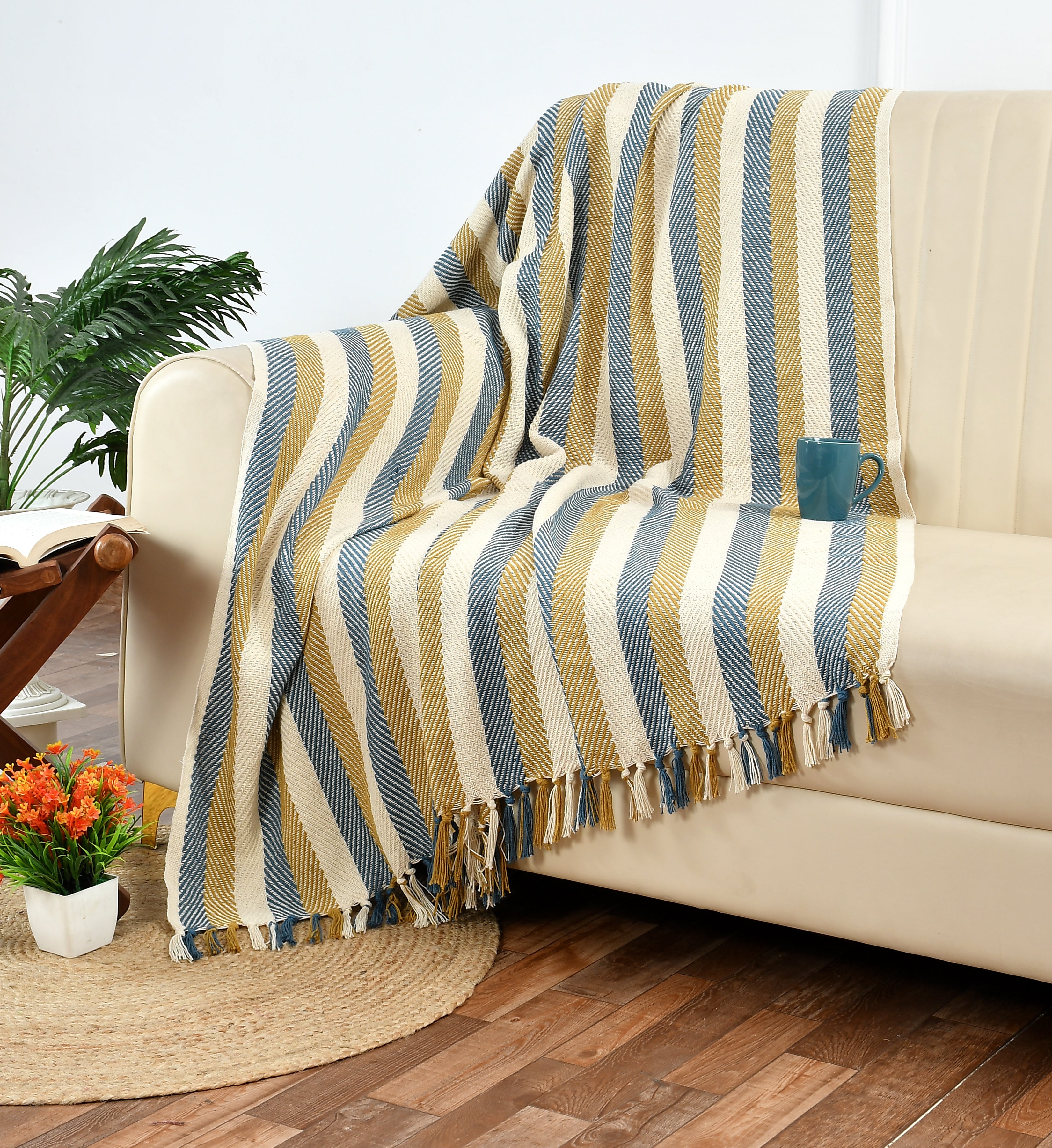 Furnofy Cotton Hand Knitted Throw Blanket (127 x 152) Cms -Multicolor