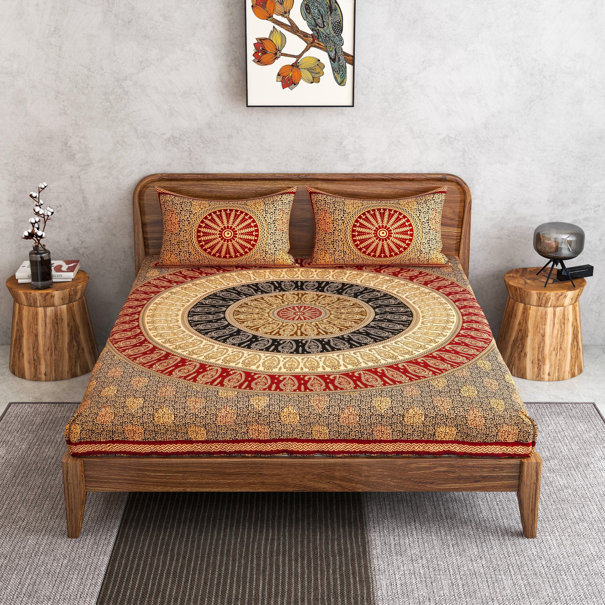 Furnofy 100% Cotton Traditional Jaipuri Print King Size Bedsheet (90x108 Inches) with 2 Matching Pillow Covers – Flat, Maroon