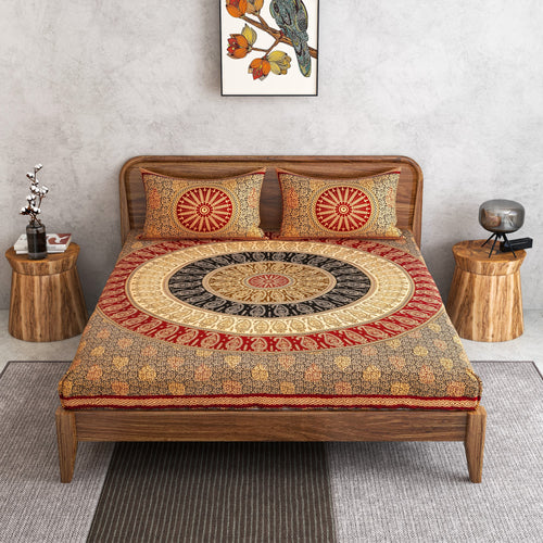 Furnofy 100% Cotton Traditional Jaipuri Print King Size Bedsheet (90x108 Inches) with 2 Matching Pillow Covers – Flat, Maroon