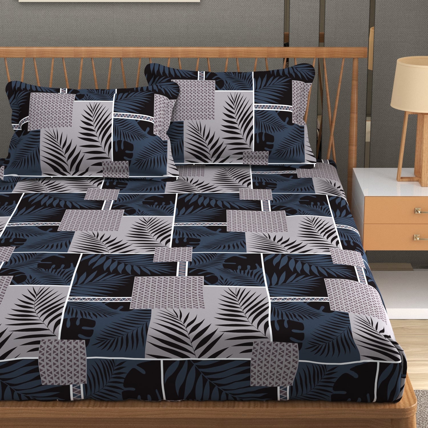 Furnofy 140 GSM Flat King Size Bedsheet (108 x 108 inches) with 2 Pillow Covers (18 x 27 inches) - Black - Floral
