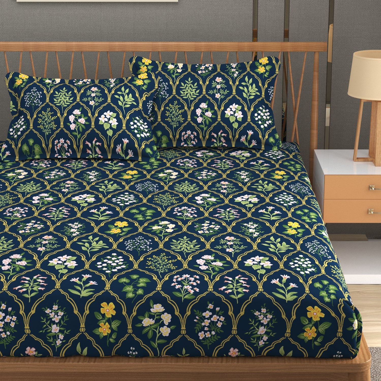 Furnofy 140 GSM Flat King Size Bedsheet (108 x 108 inches) with 2 Pillow Covers (18 x 27 inches) - Green - Floral