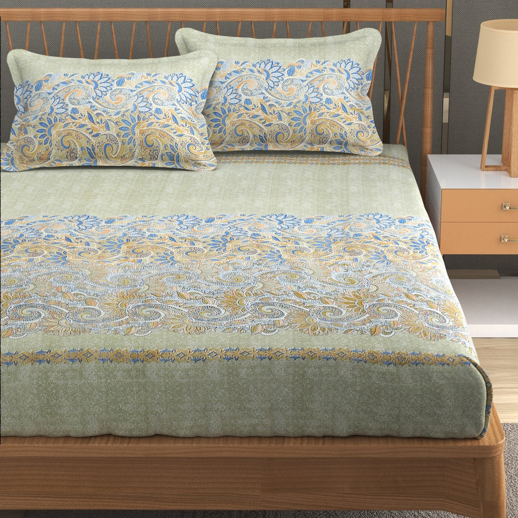 Furnofy Premium Printed Double Bedsheet (90x100 Inches) with 2 Pillow Covers - Flat, Olive Green & Blue - Pattern