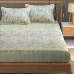 Furnofy Premium Printed Double Bedsheet (90x100 Inches) with 2 Pillow Covers - Flat, Olive Green & Blue - Pattern