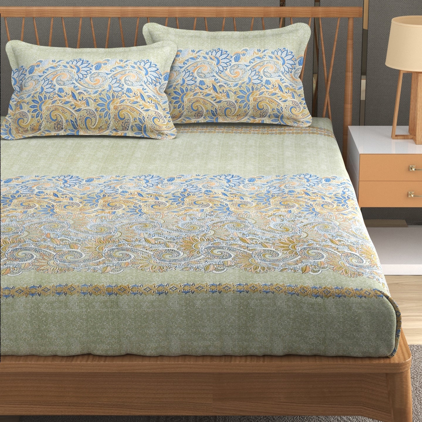 Furnofy Premium Printed Double Bedsheet (90x100 Inches) with 2 Pillow Covers - Flat, Olive Green & Blue - Pattern