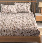 Furnofy Premium Printed Double Bedsheet (90x100 Inches) with 2 Pillow Covers (Flat, Floral) - Peach & Brown