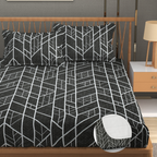 Furnofy Premium Fitted Double Bedsheet with 2 Pillow Covers (L-78" x B-72" + 6" Pocket) - Fitted, White & Black